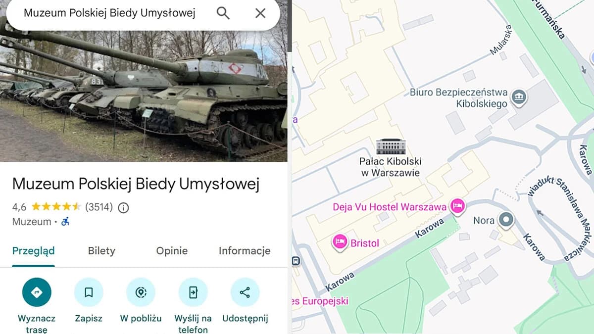 Zdemolowali Warszawę w Mapach Google. "Pałac Kibolski" to pikuś przy innych nazwachPałac Kibolski, Pałac na Wyspie Epsteina, Cmentarz podwiązanych jajowodów czy Park ośmiogwiazdowski.