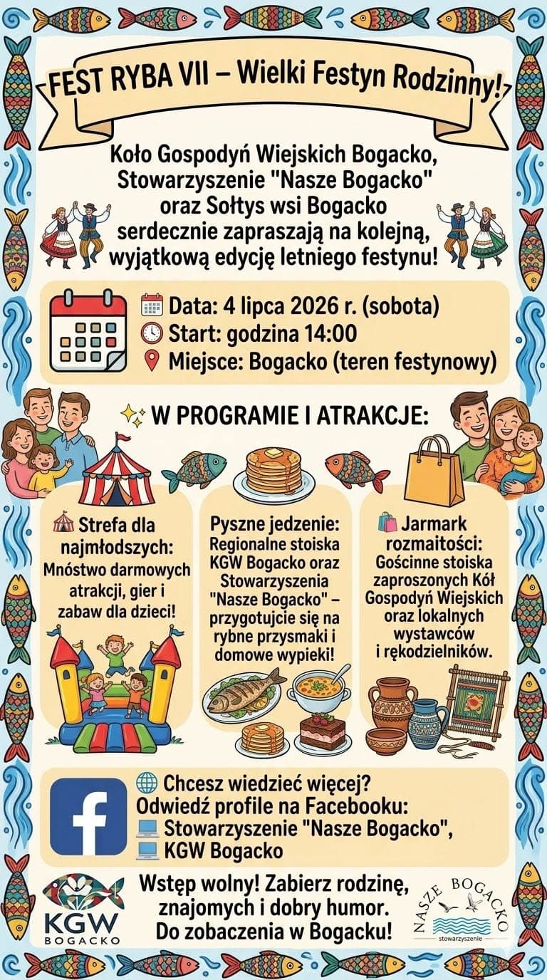 Fest Ryba VII w Bogacku. Wielki festyn rodzinny z atrakcjami, regionalnym jedzeniem i jarmarkiem📅 4 lipca 2026📍 Bogacko