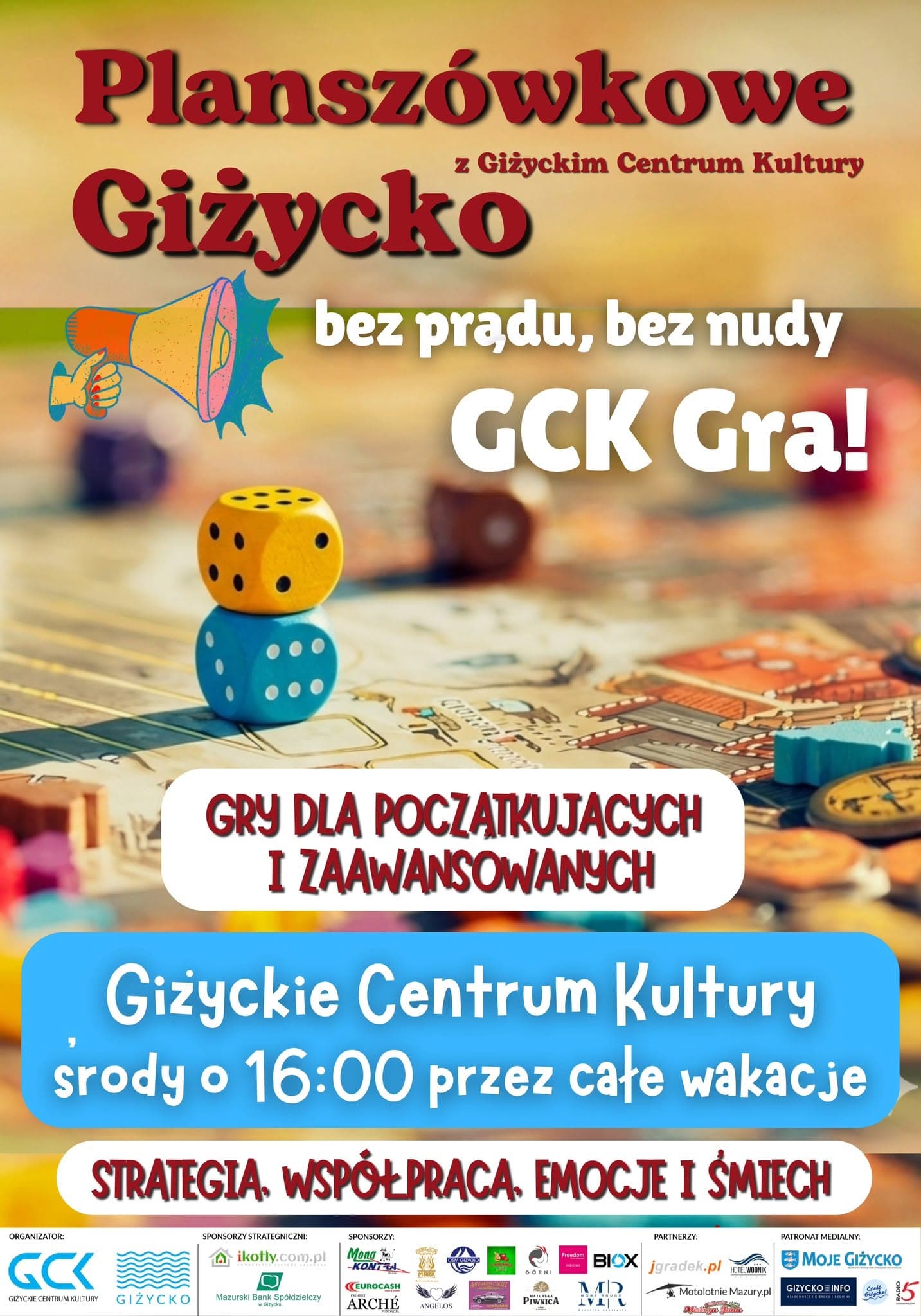 Planszówkowe Giżycko – GCK Gra 12 sierpnia 2026. Planszówkowa środa w Giżyckim Centrum KulturyPatronat CG📅 12 sierpnia 2026📍 Giżyckie Centrum Kultury