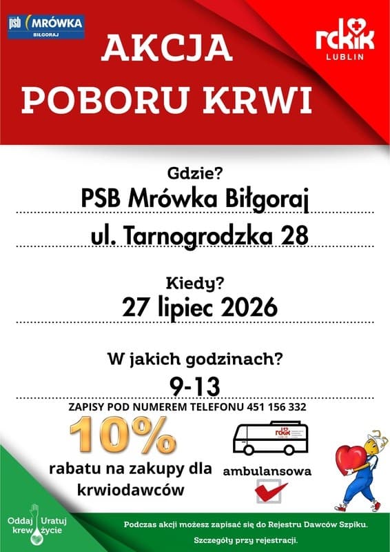 27.07 poniedziałekAkcja krwiodawstwa w Biłgoraju