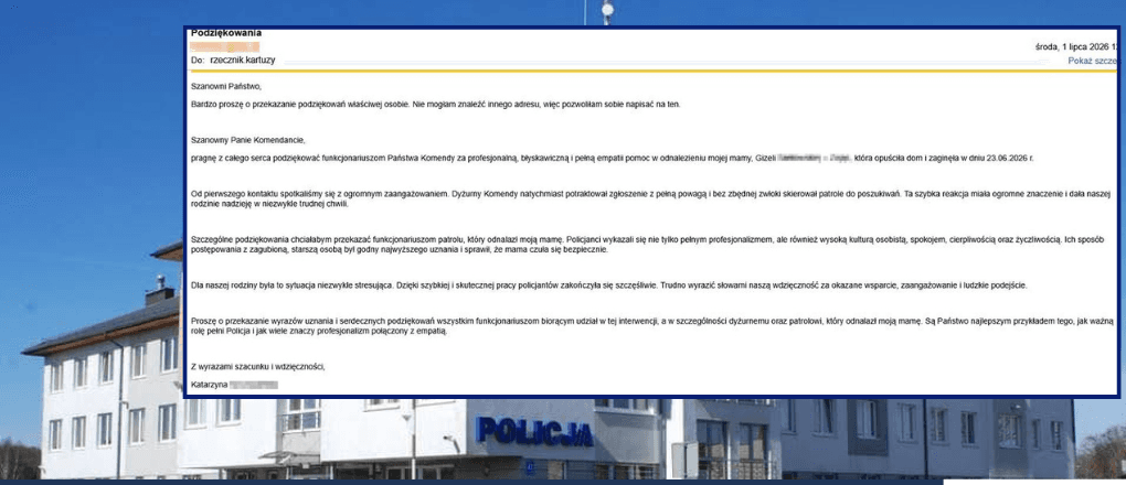 Córka 84-latki podziękowała policjantom z Kartuz. Seniorka została odnaleziona w niespełna godzinę