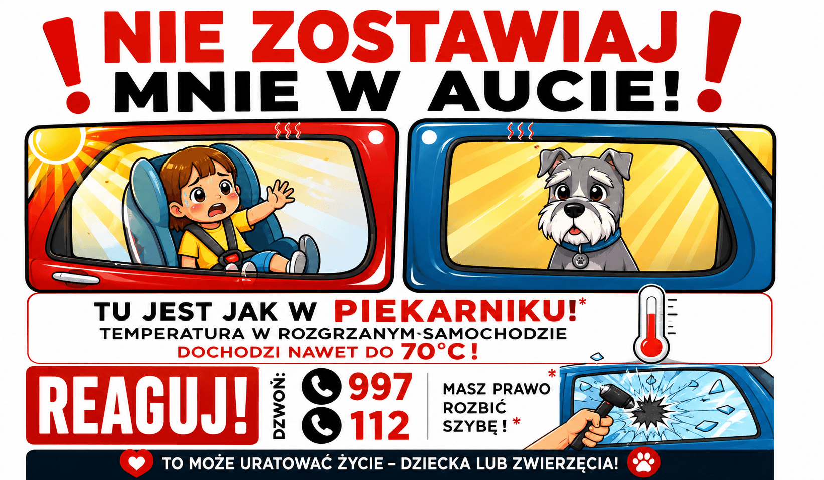 APEL !!! Nie zostawiajcie dzieci ani zwierząt w zamkniętym aucie. Upał zabija!