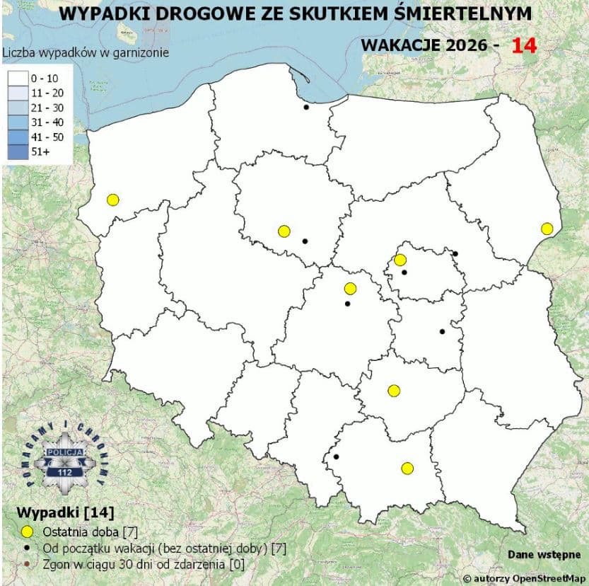 Policyjna mapa śmiertelnych wypadków drogowych