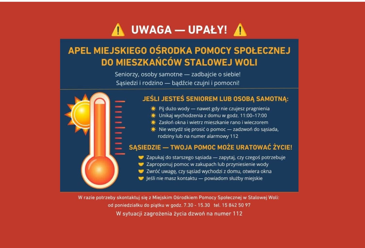 Stalowa Wola: Uwaga na upały! – ostrzega i apeluje stalowowolski MOPS