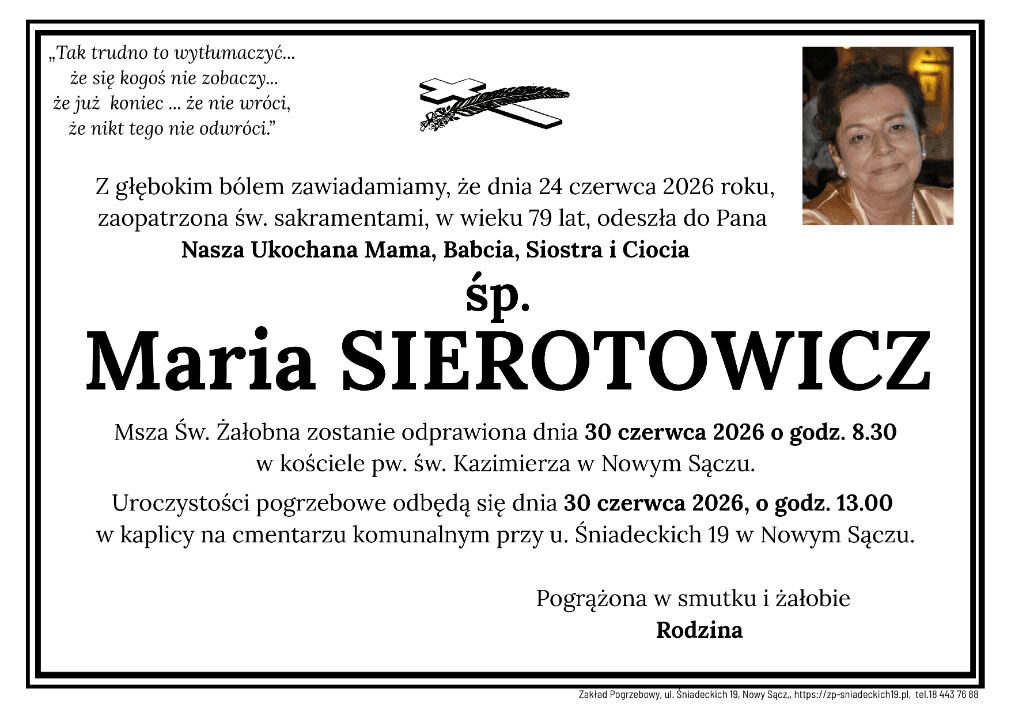 Zmarła Maria Sierotowicz. Uroczystości pogrzebowe odbędą się w Nowym Sączu