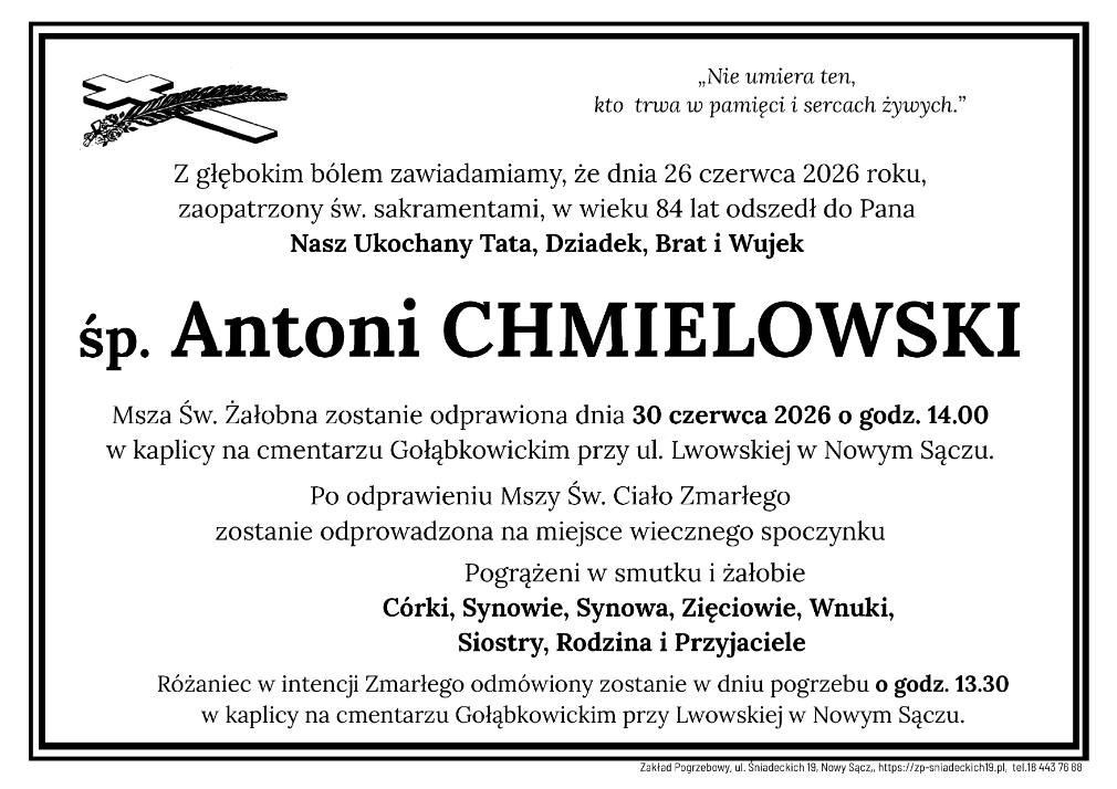 Zmarł Antoni Chmielowski. Uroczystości pogrzebowe odbędą się w Nowym Sączu