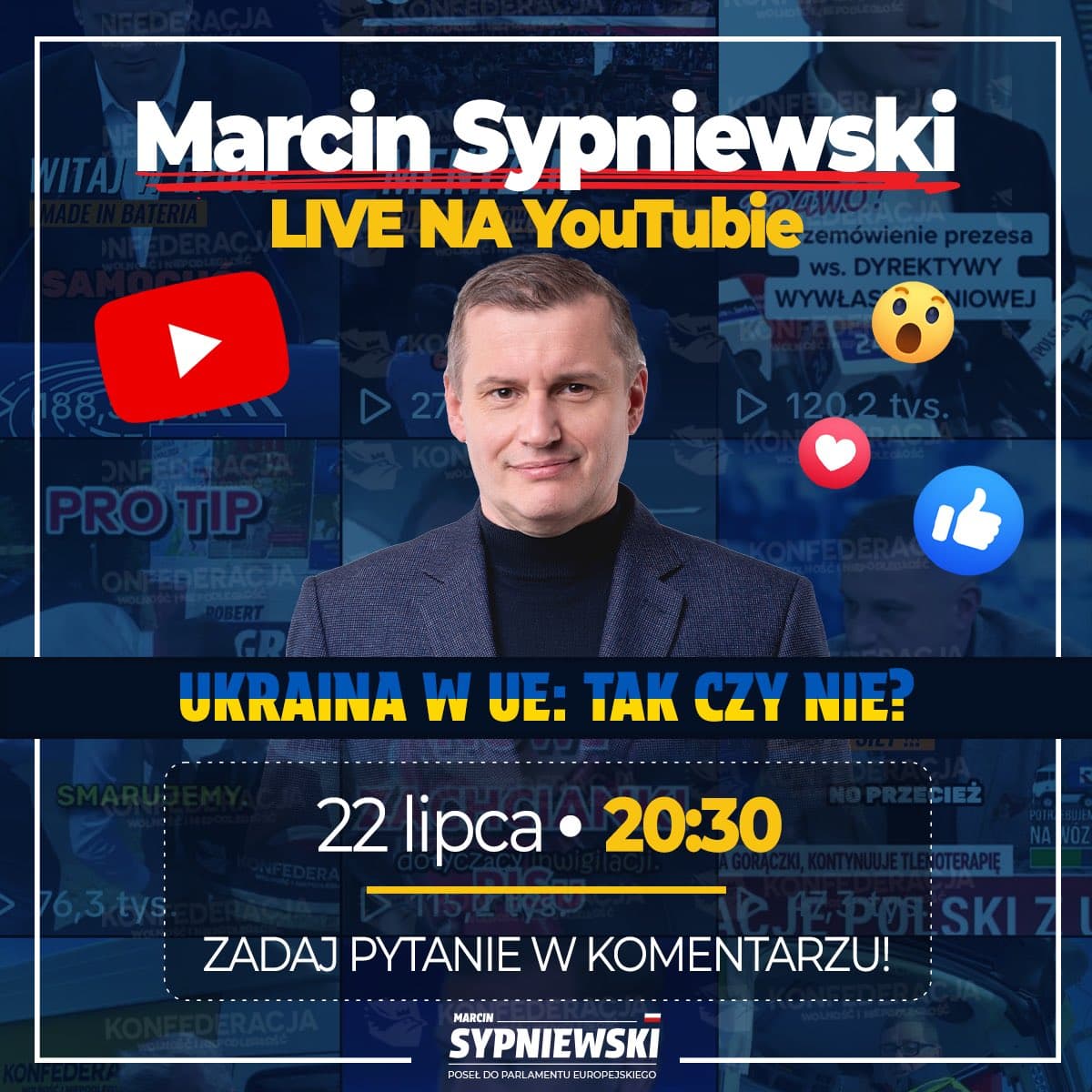 Zapraszam dzisiaj o 20:30 na transmisję na żywo na moim kanale na YouTube, na którym porozmawiamy o tym czy Ukraina powinna znaleźć się w Unii Europejskiej. Link do YT: