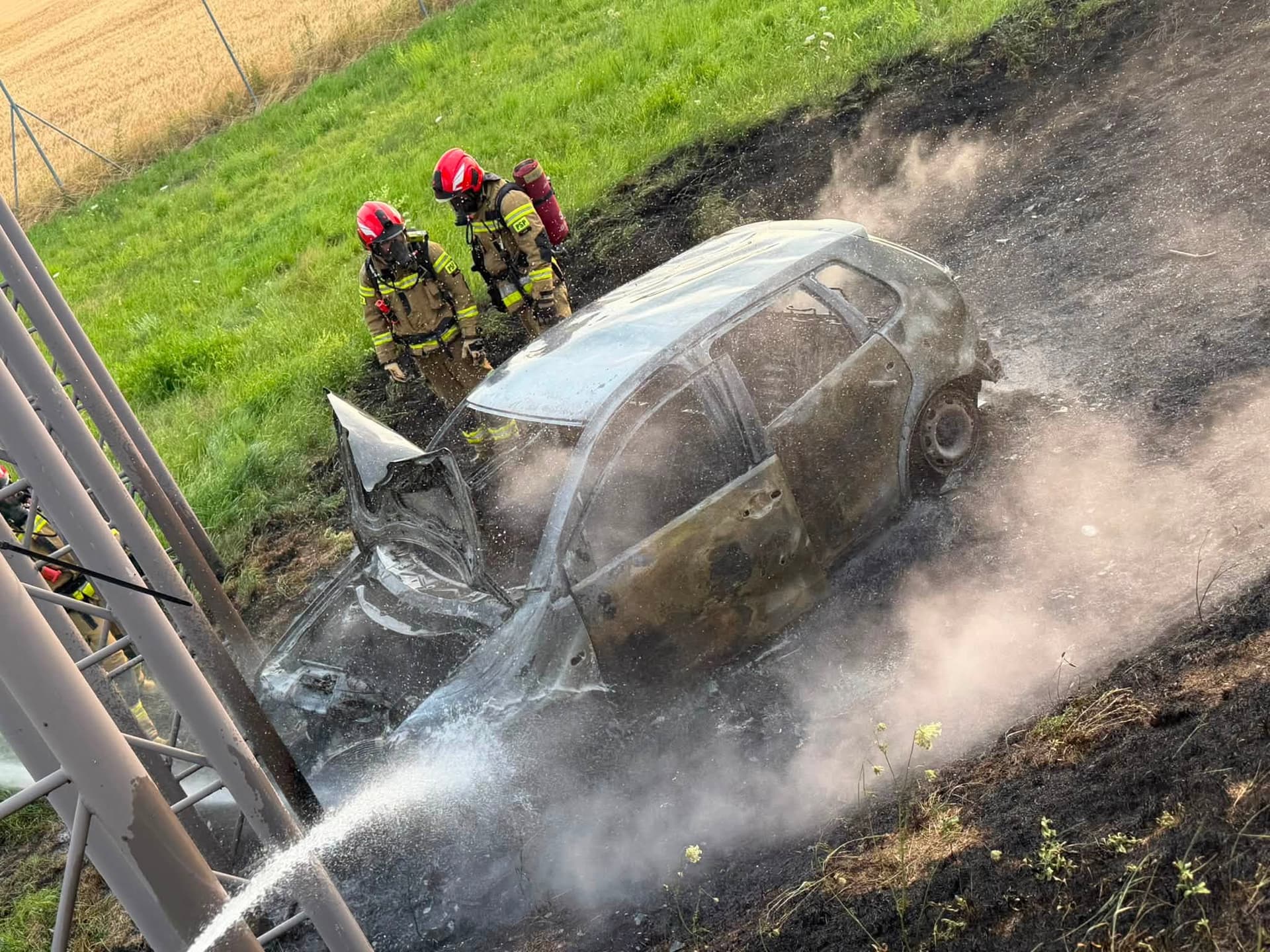 Uderzyli w znak, auto stanęło w płomieniach. Kierowca i pasażerowie uciekli z miejsca zdarzenia