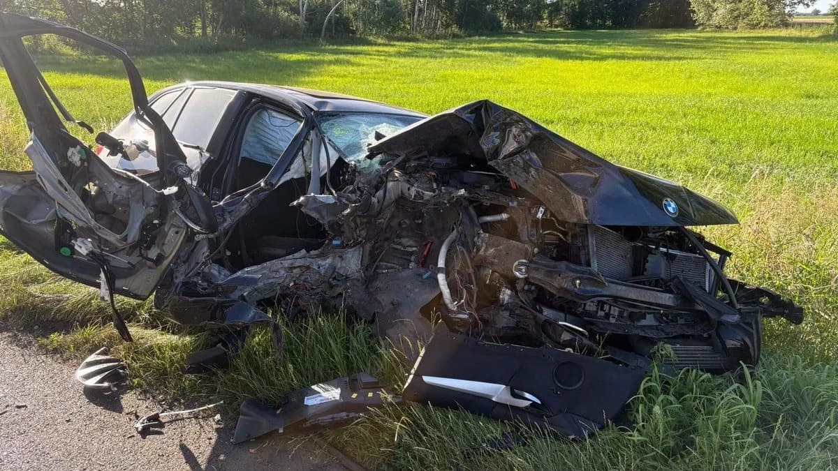 Roztrzaskane auto na drzewie. Droga zablokowana