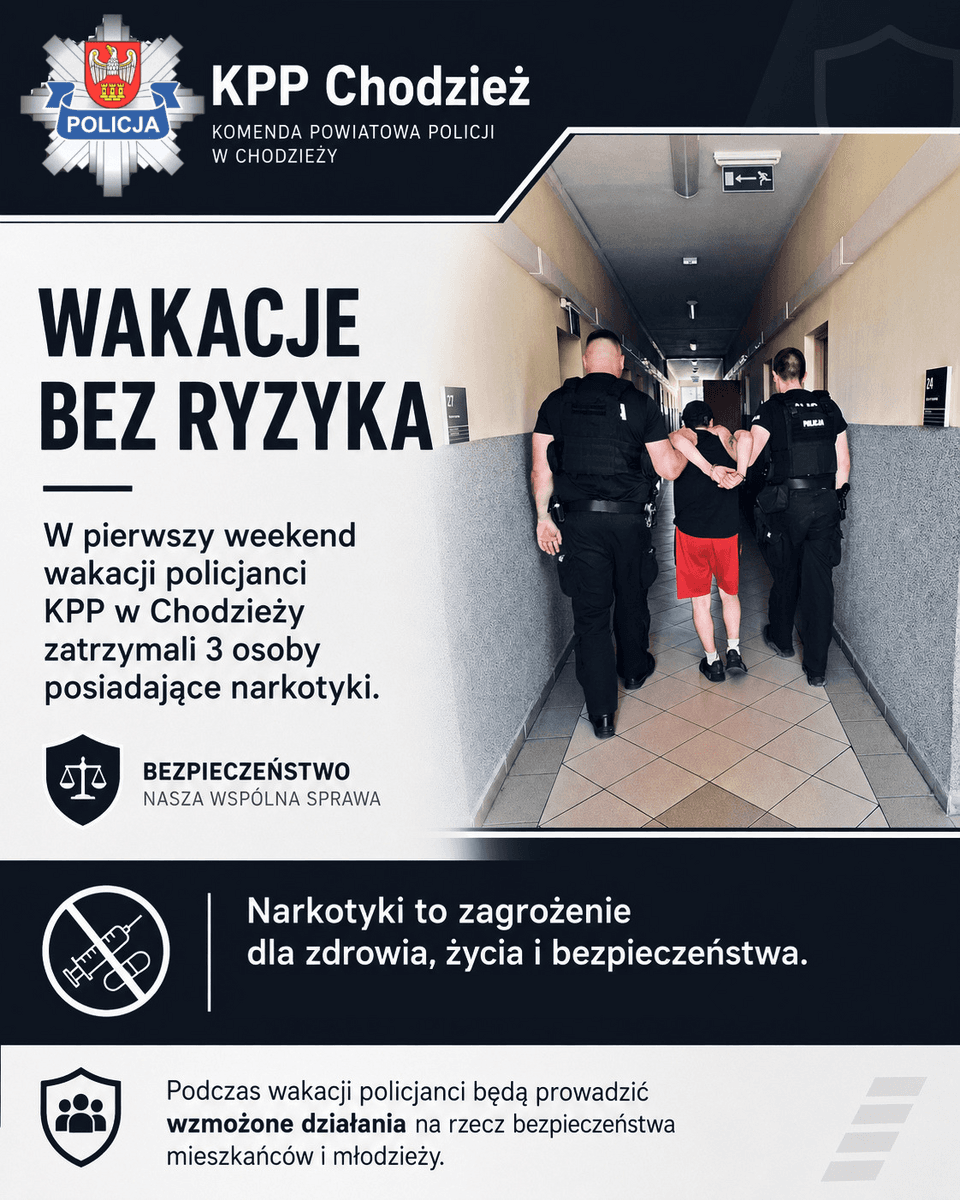 Powiat Chodzieski. WAKACJE BEZ RYZYKA. W PIERWSZY WEEKEND POLICJANCI ZATRZYMALI TRZY OSOBY Z NARKOTYKAMI