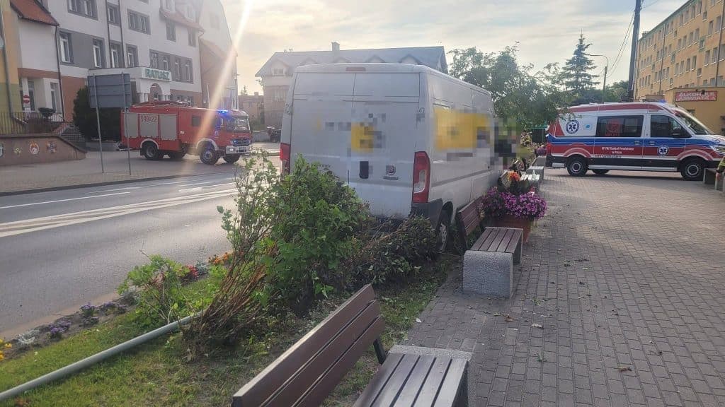 Kurier zjechał z drogi, uszkodził zieleń i staranował znak. Trafił do szpitala