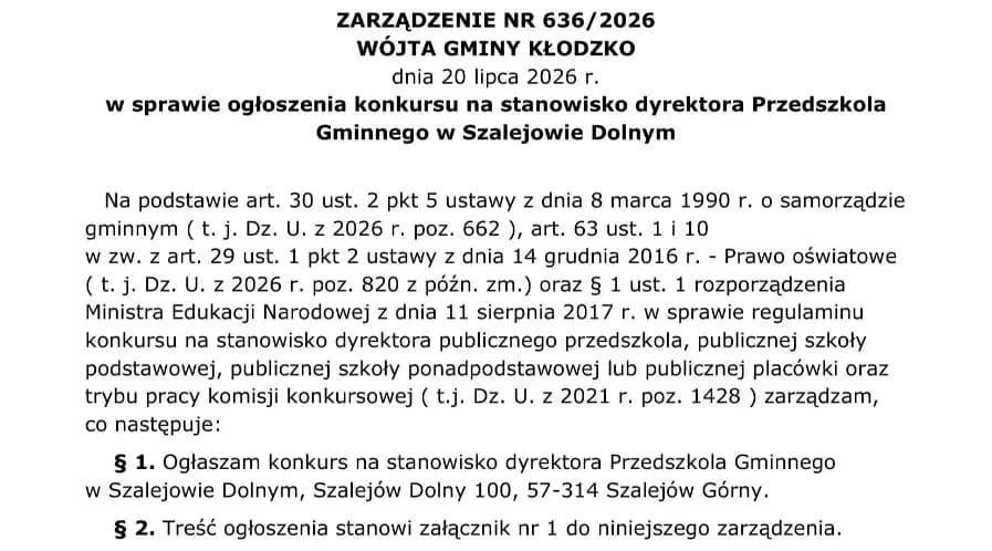 Konkurs na dyrektora Przedszkola Gminnego w Szalejowie Dolnym