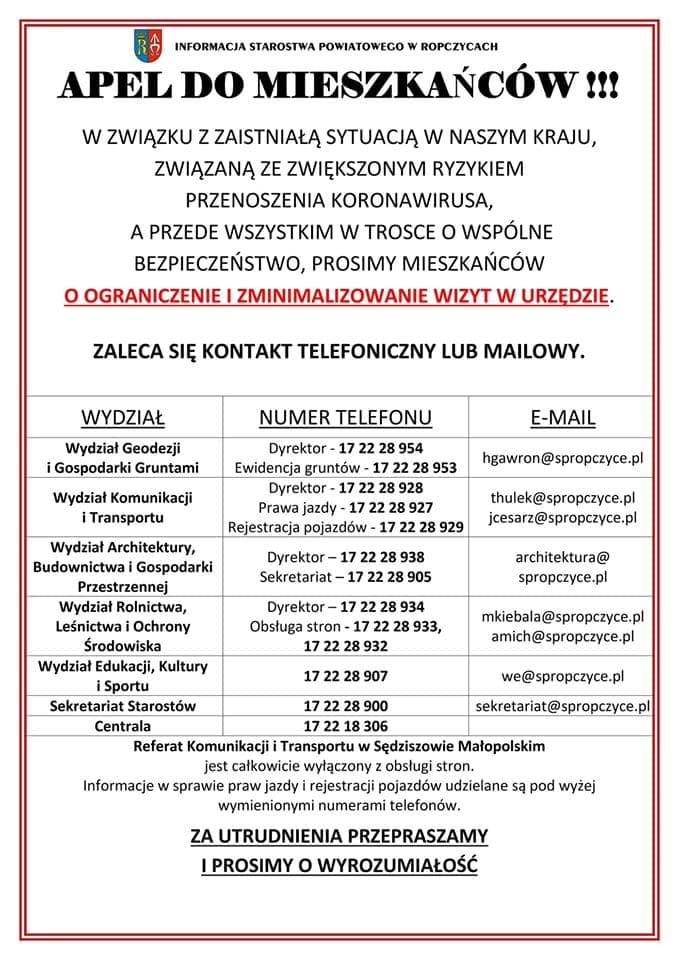 Ropczyce – (13.03. br) – Starostwo Powiatowe z Apelem do mieszkańców!