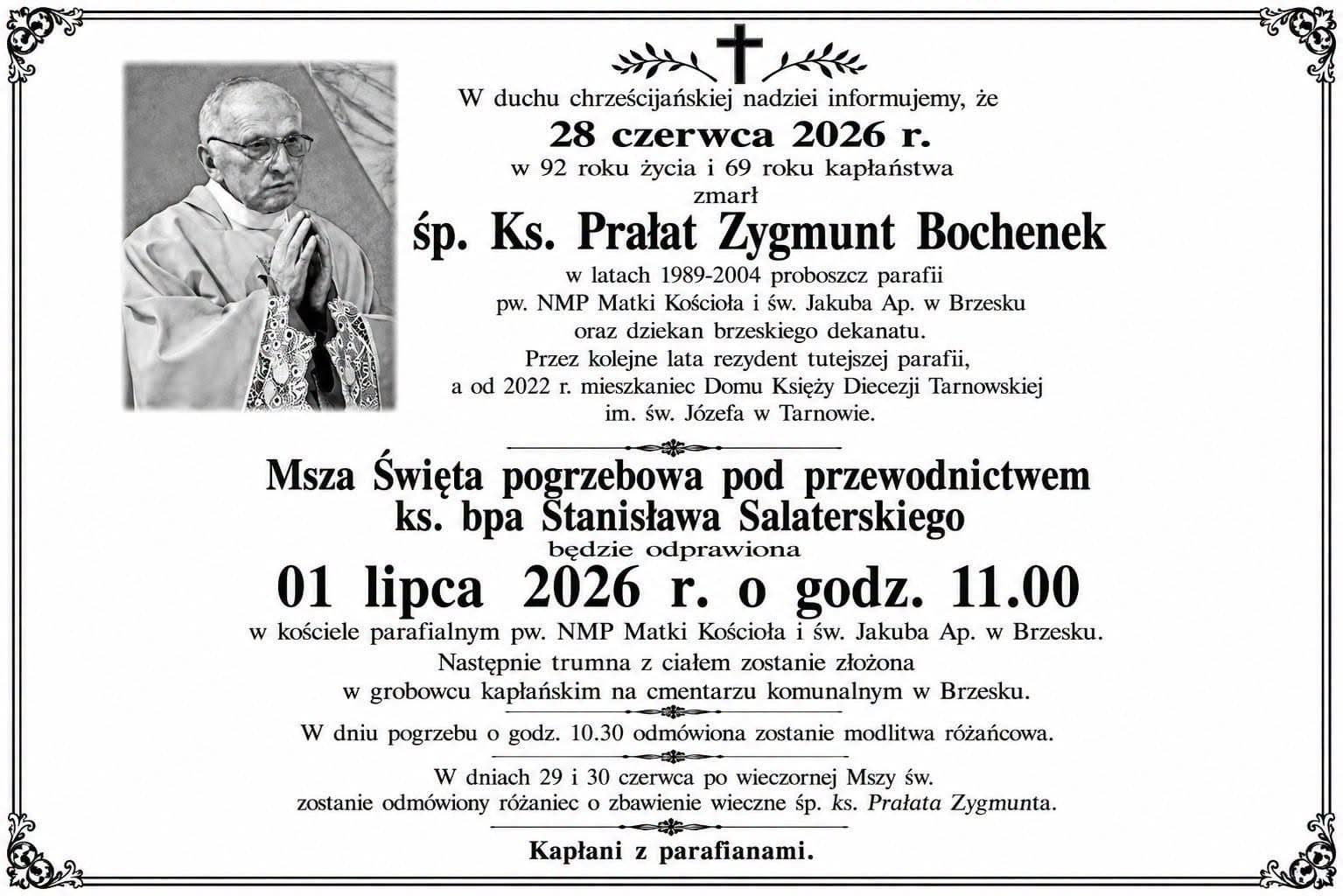 Pogrzeb księdza prałata Zygmunta Bochenka. W środę Brzesko pożegna wieloletniego proboszcza