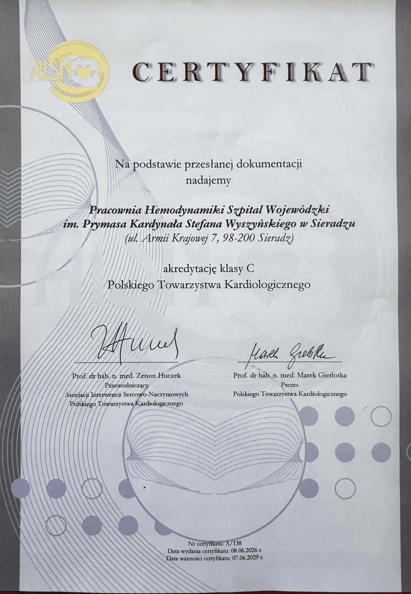 Sieradz. Ważny certyfikat dla Pracowni Hemodynamiki