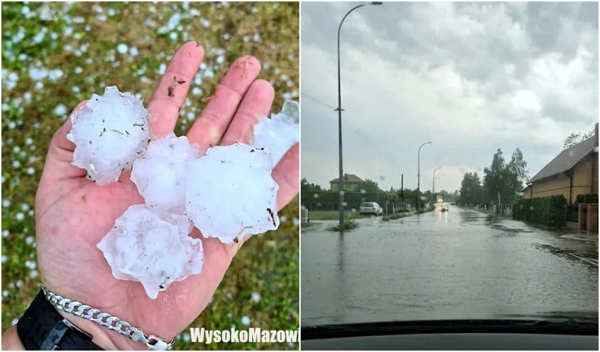 Olbrzymi grad i zalane ulice w Ciechanowcu. Gwałtowne burze przemieszczają się nad naszym regionem