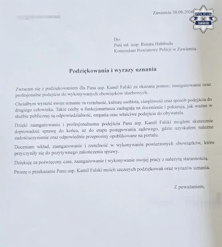 6 lipca 2026Podziękowania dla policjanta z Zawiercia po sprawie o zniesławienie