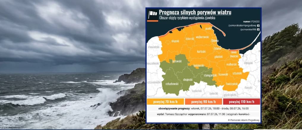 Silny wiatr nad Pomorzem. Powiat kartuski objęty prognozą porywów do 70–90 km/h