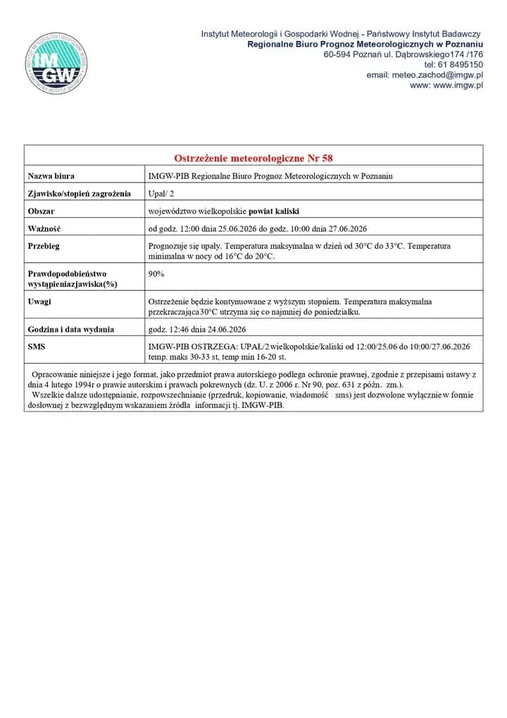 Ostrzeżenie meteorologiczne 2. stopnia przed upałem w powiecie kaliskim