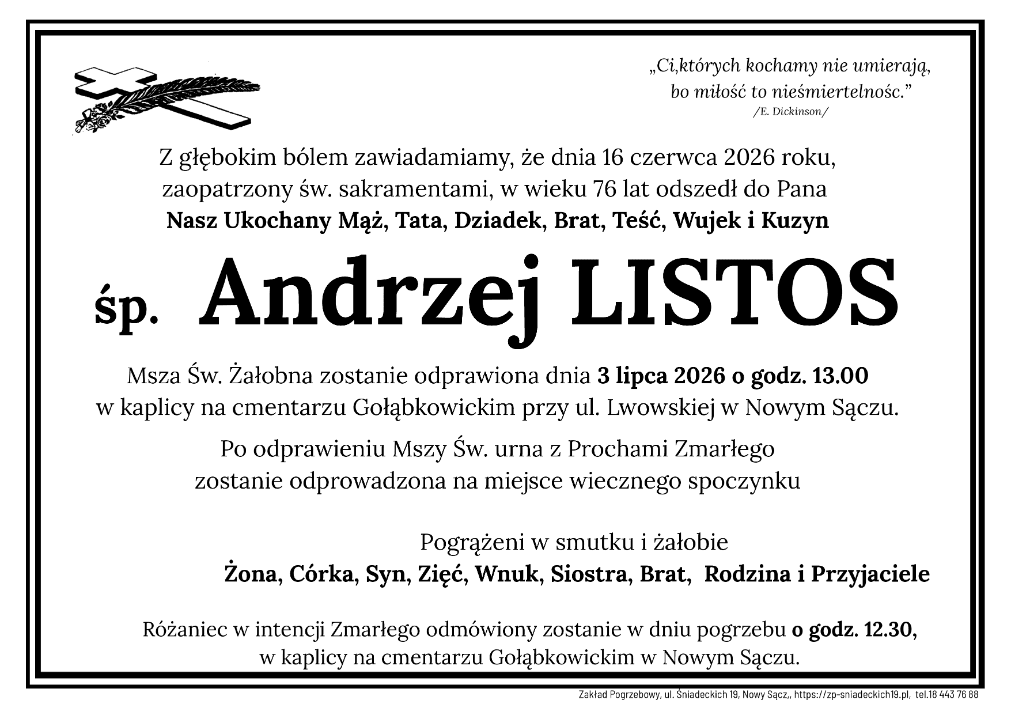 Zmarł Andrzej Listos. Uroczystości pogrzebowe odbędą się w Nowym Sączu