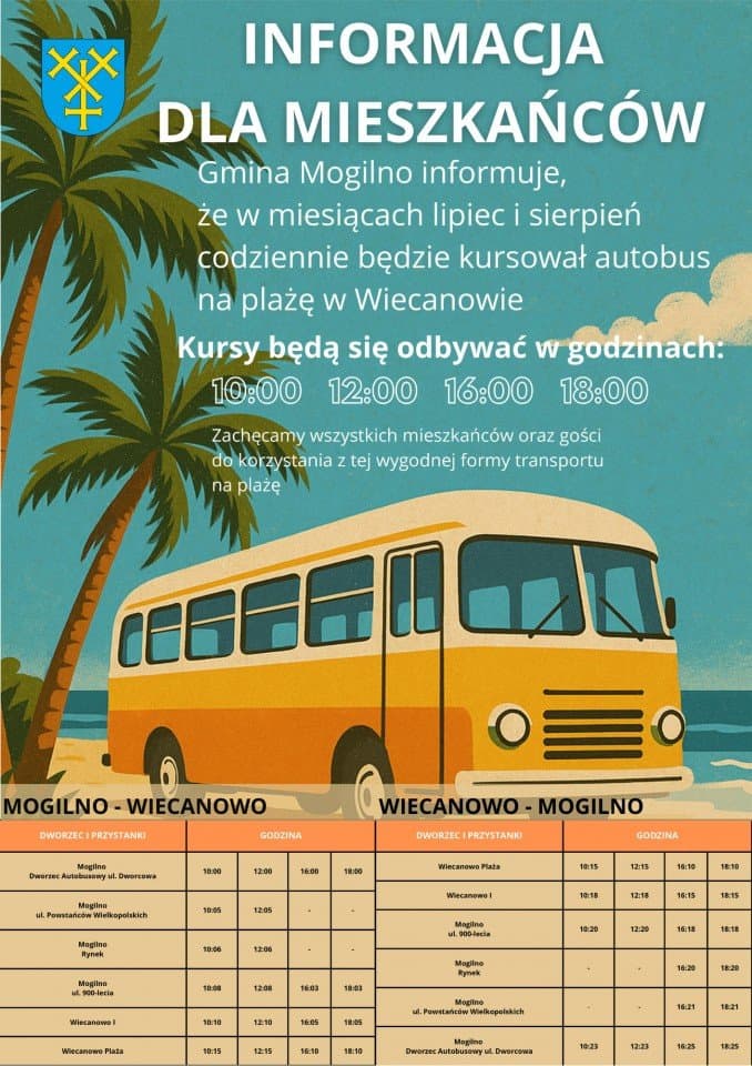 Bezpłatny autobus na plażę w Wiecanowie. Wygodne wakacje dla mieszkańców Mogilna