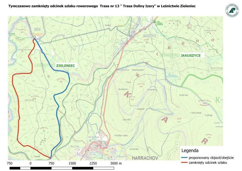 Tymczasowo zamknięty odcinek szlaku rowerowego Trasa nr 13 „Trasa Doliny Izery”